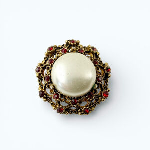 Vintage West Germany Brooch 1950s Gold Filigree Faux Pearl Red Rhinestone